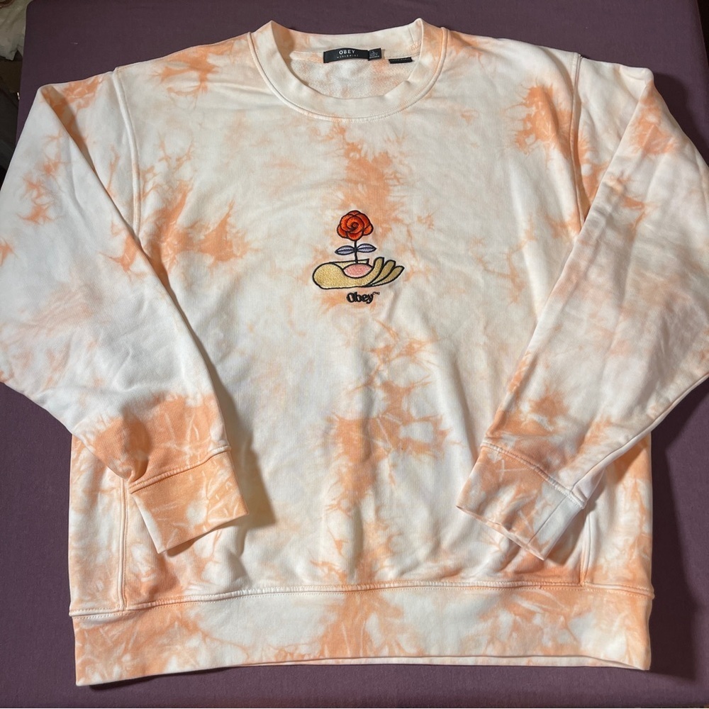 Obey Peach/Orange Tie Dye Crew Neck Pullover Sweatshirt - Size Large Sustainable